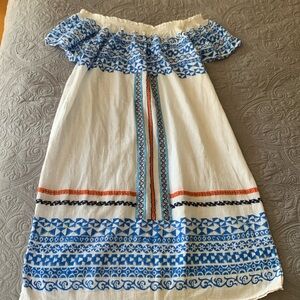 Blue and White Off-Shoulder Cotton Dress